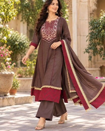 Brown Geeta Muslin Anarkali suit set