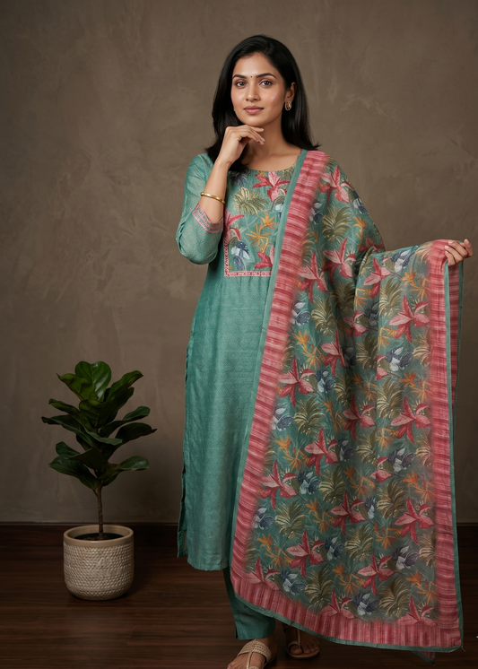 Green Rekha Kantha work Coral silk suit set - Set of 2