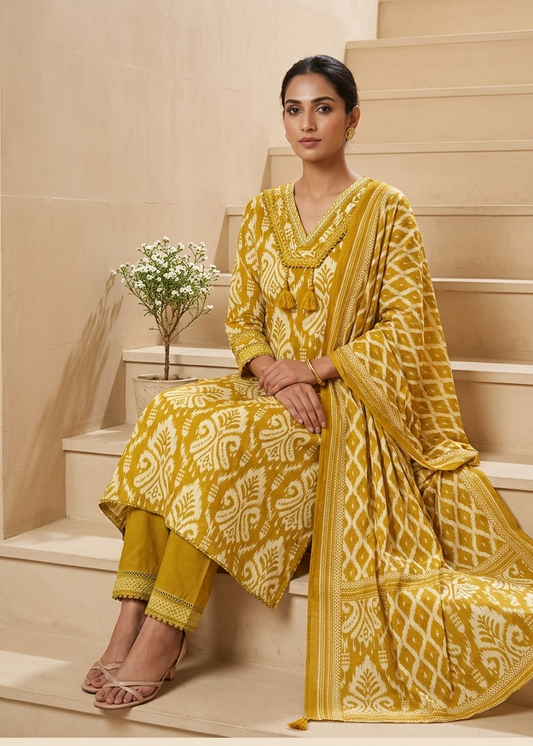 Mustard Prisha Ikkat print cotton suit set