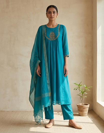 Peacock Blue Tanvi Mulchanderi Silk A-LINE suit set-3