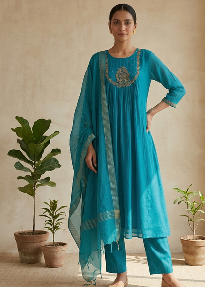 Peacock Blue Tanvi Mulchanderi Silk A-LINE suit set-3