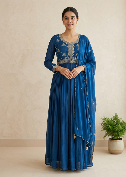 Peacock Blue Usha Chinon Silk Anarkali Gown