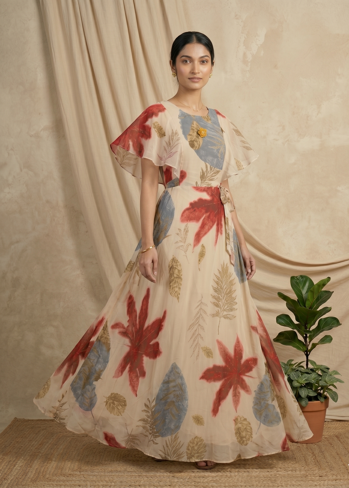 Beige Dhara Chiffon floral dress - Gown