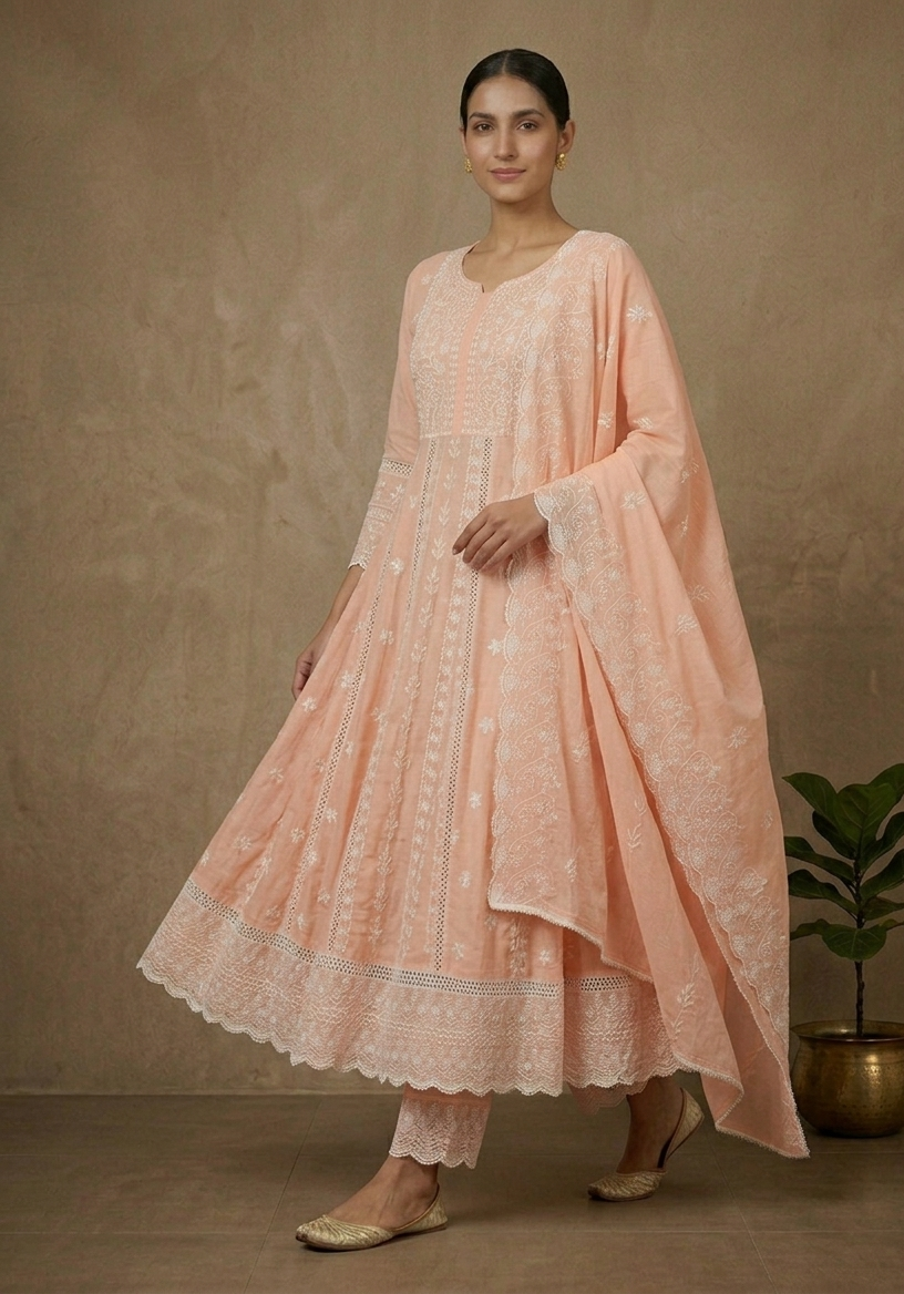 Traditional Peach Chikankari Anarkali Suit Set for Women Ethnic Wear