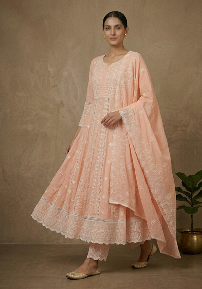 Traditional Peach Chikankari Anarkali Suit Set for Women Ethnic Wear