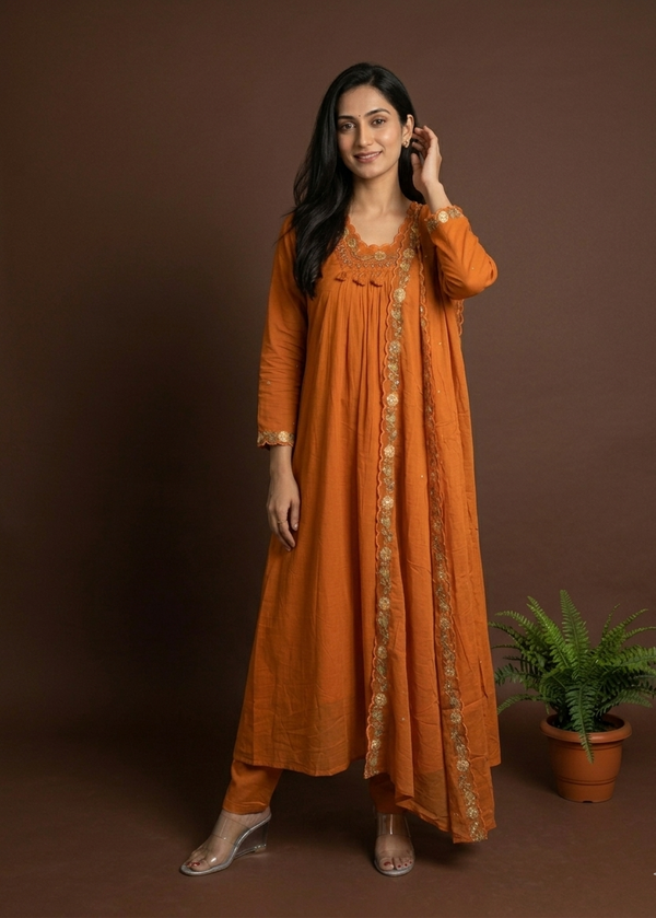 Rust Orange Suneri A Line Cotton suit set